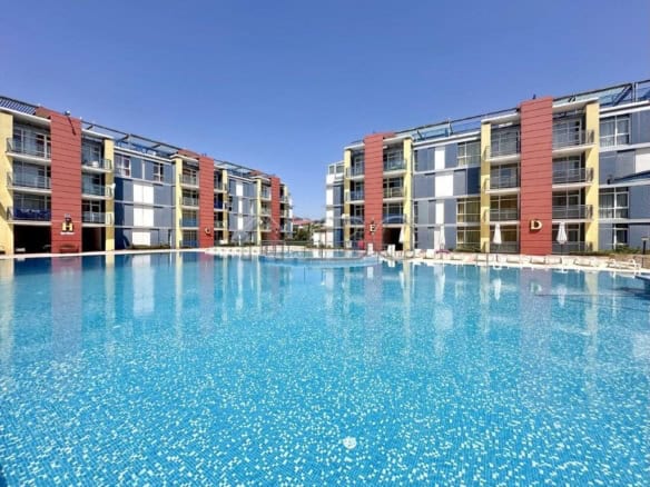 Pool view of the spacious 1-bedroom apartment with a relaxing swimming pool in Sunny Beach.