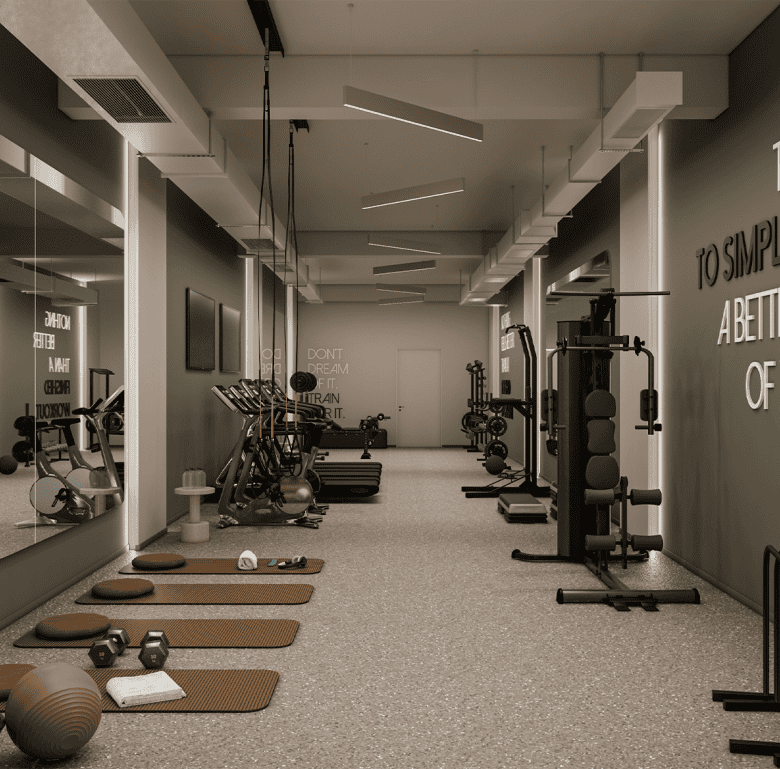 Gym interior with fitness equipment in Athens, Greece.