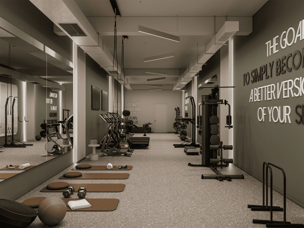 Gym interior with fitness equipment in Athens, Greece.