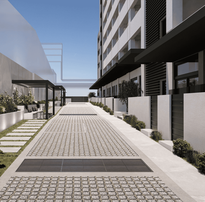 Modern Athens apartment building entrance with landscaped pathway.