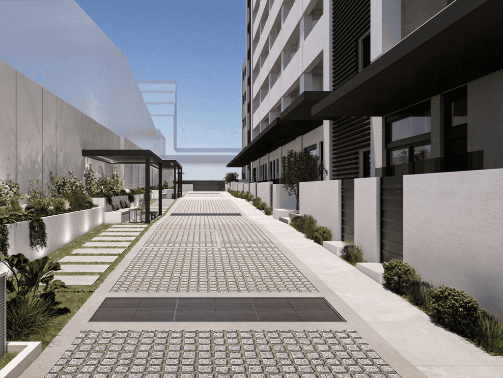 Modern Athens apartment building entrance with landscaped pathway.