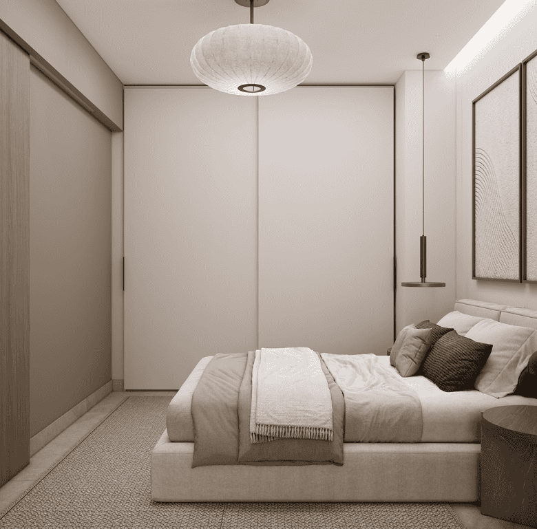 Modern bedroom in Athens with minimalist decor and neutral tones.