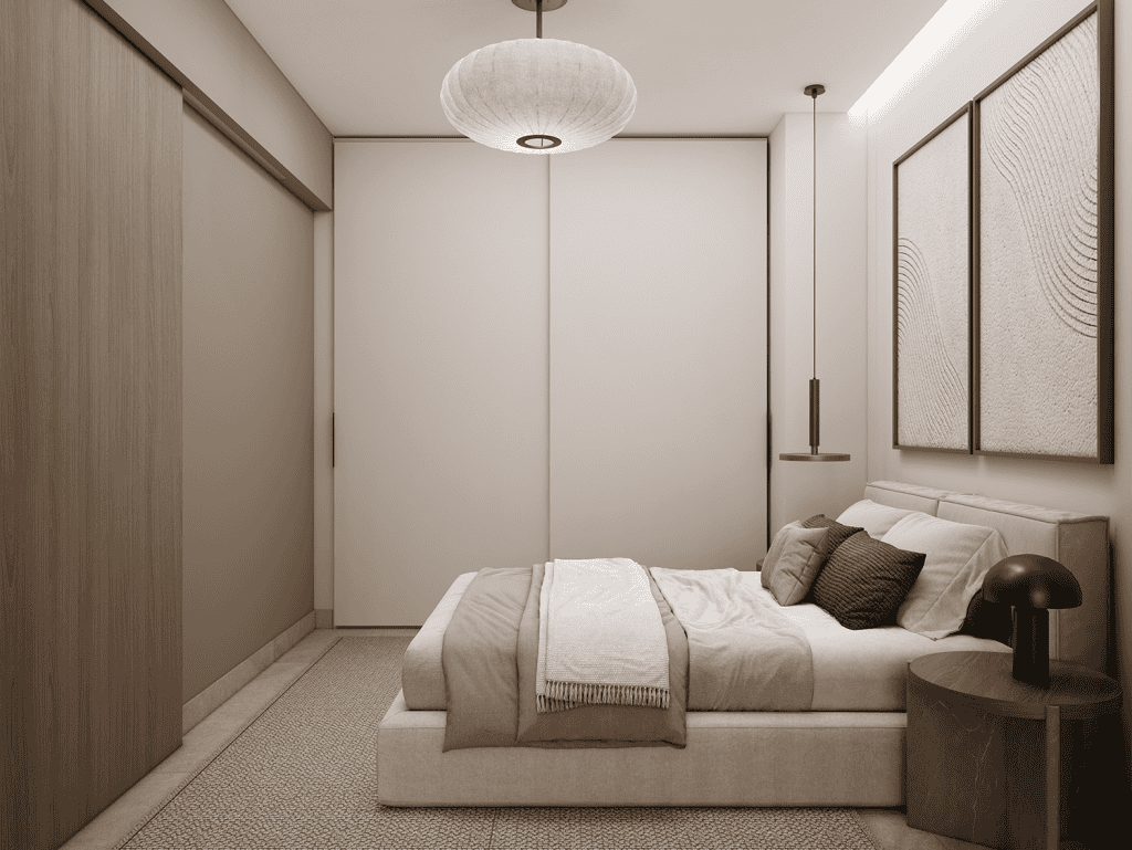Modern bedroom in Athens with minimalist decor and neutral tones.