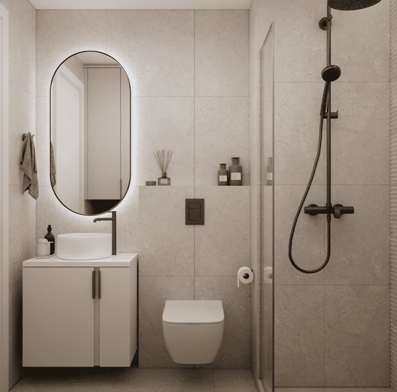 Bathroom with shower, sink, and toilet in Athens, Greece.