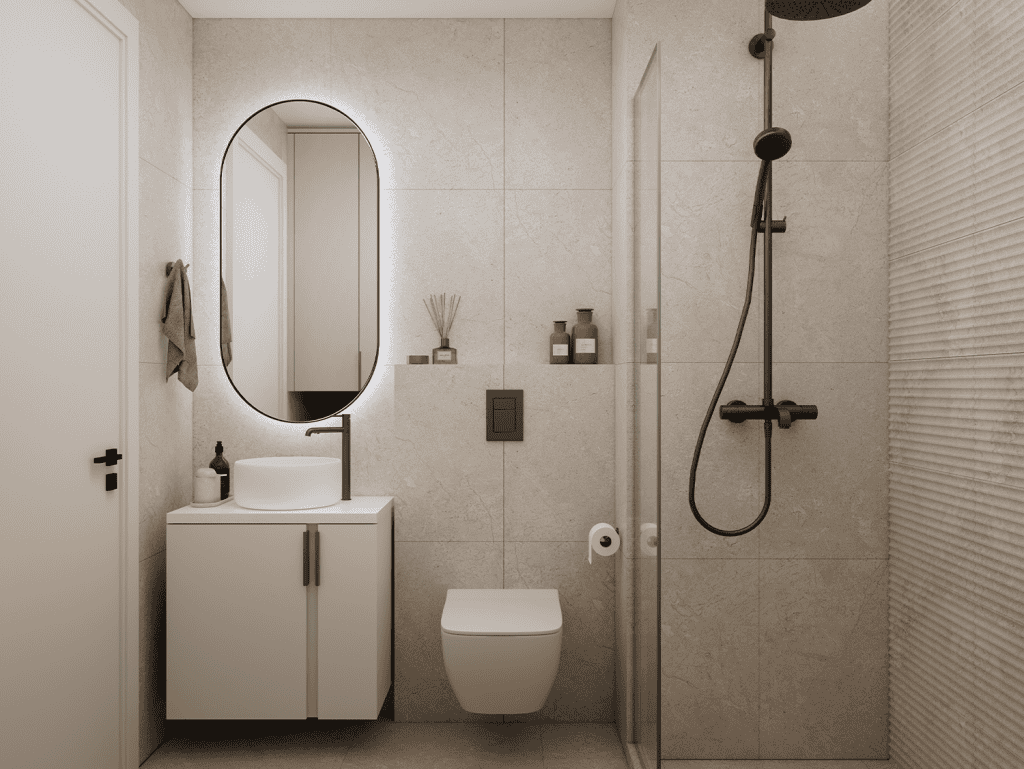 Bathroom with shower, sink, and toilet in Athens, Greece.