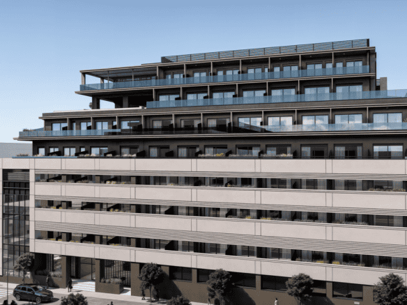 Modern Athens apartment building with spacious balconies and glass railings.