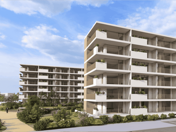 Modern eco-friendly apartment building in Aveiro, Portugal.