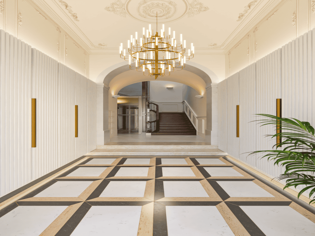 Elegant Lisbon hotel lobby with classic decor and modern lighting fixtures.