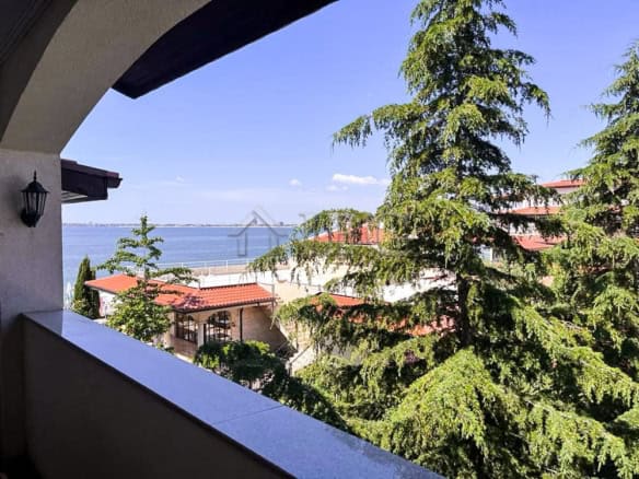 Sea view from a balcony overlooking Sveti Vlas, with trees and the sea in the background.