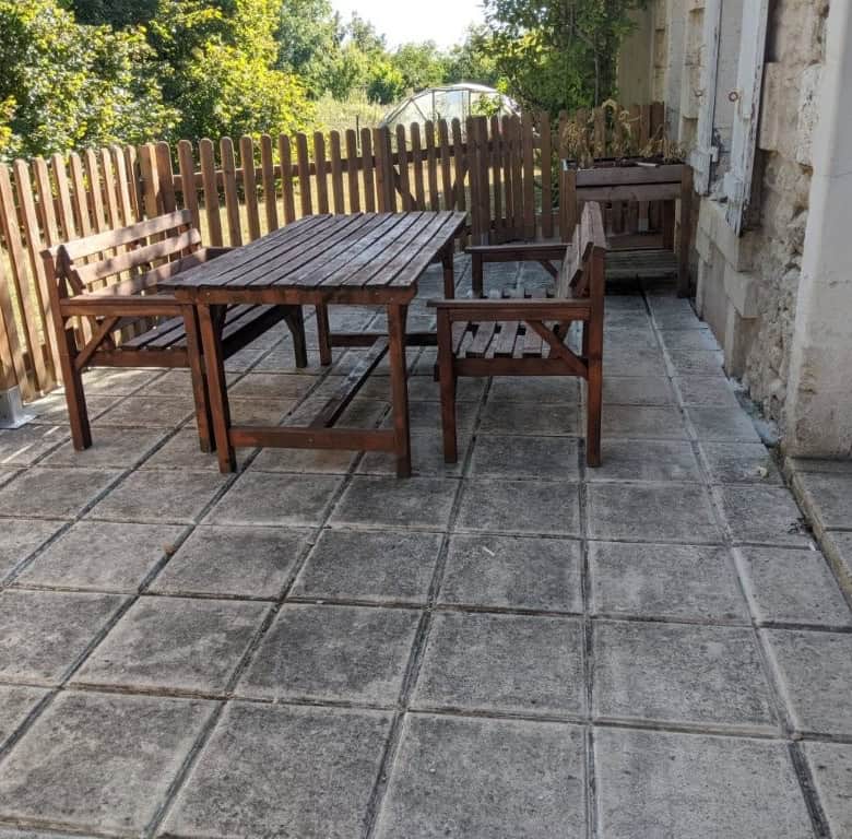 Outdoor patio with wooden table and chairs in France.