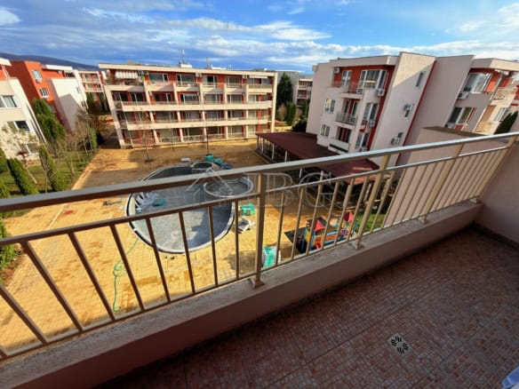 Balcony overlooking the pool area at Nessebar Fort Club, Sunny Beach, Bulgaria.