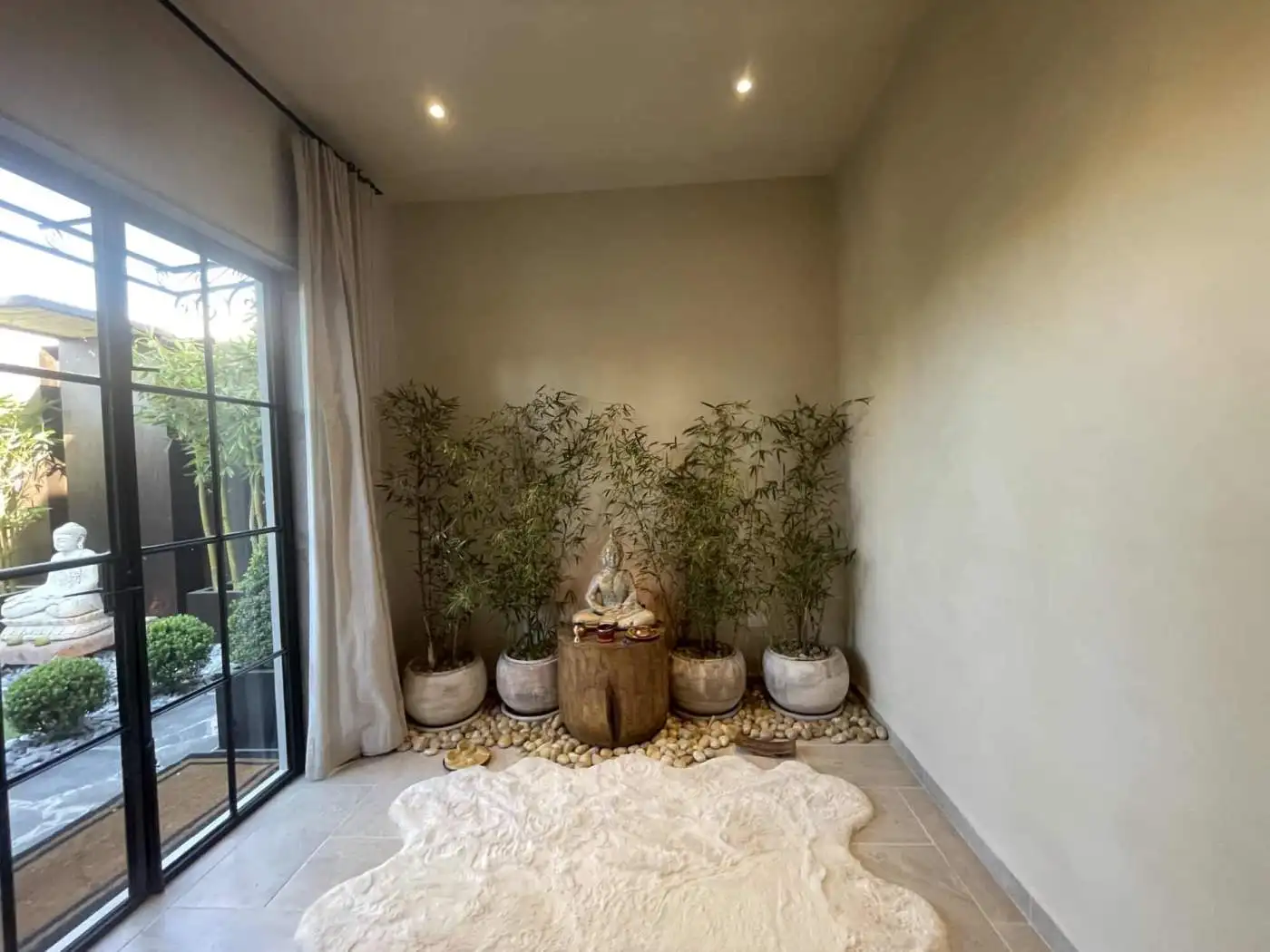 Indoor space with potted plants and large glass door for natural light.