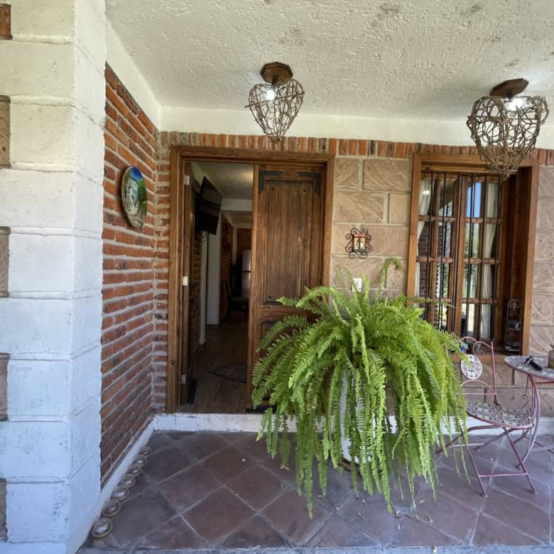 Beautiful outdoor porch featuring a vibrant fern and elegant seating area for relaxing or entertaini.