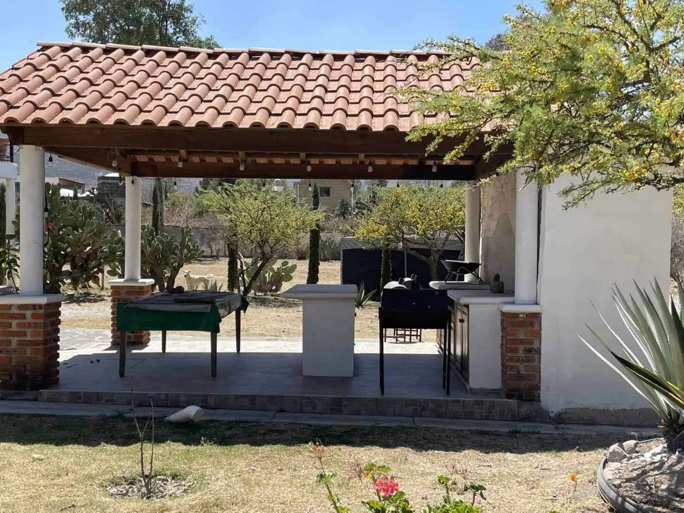 Outdoor BBQ and seating area with a tiled roof and garden surroundings.