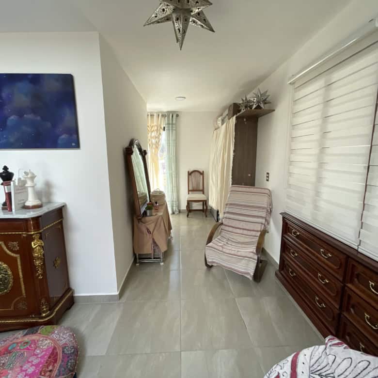 Elegant living room with classic furniture and large windows for bright, airy ambiance.