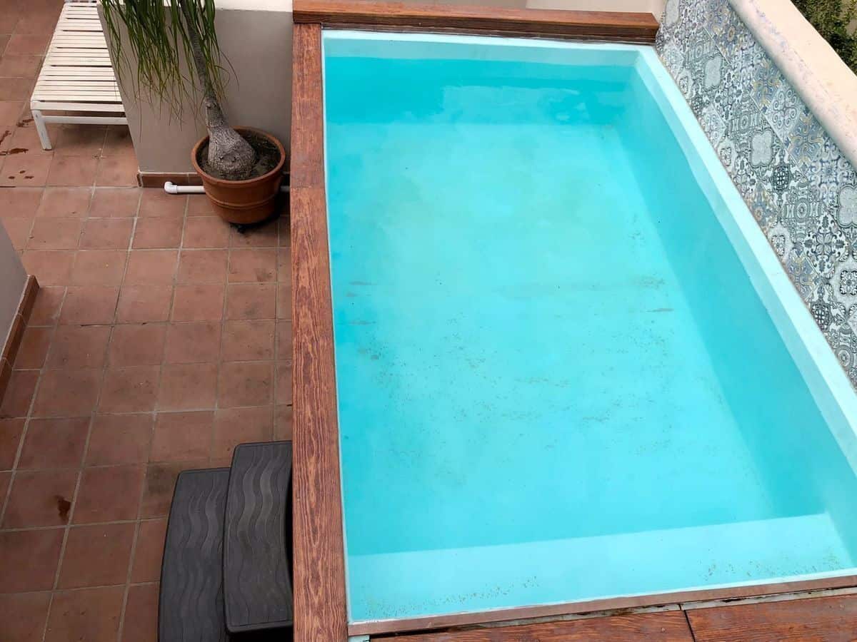 Modern private swimming pool with decorative wall tiles in a sunny outdoor space.