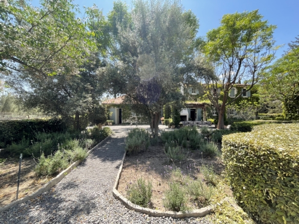 Modern house with garden and trees in a peaceful neighborhood.