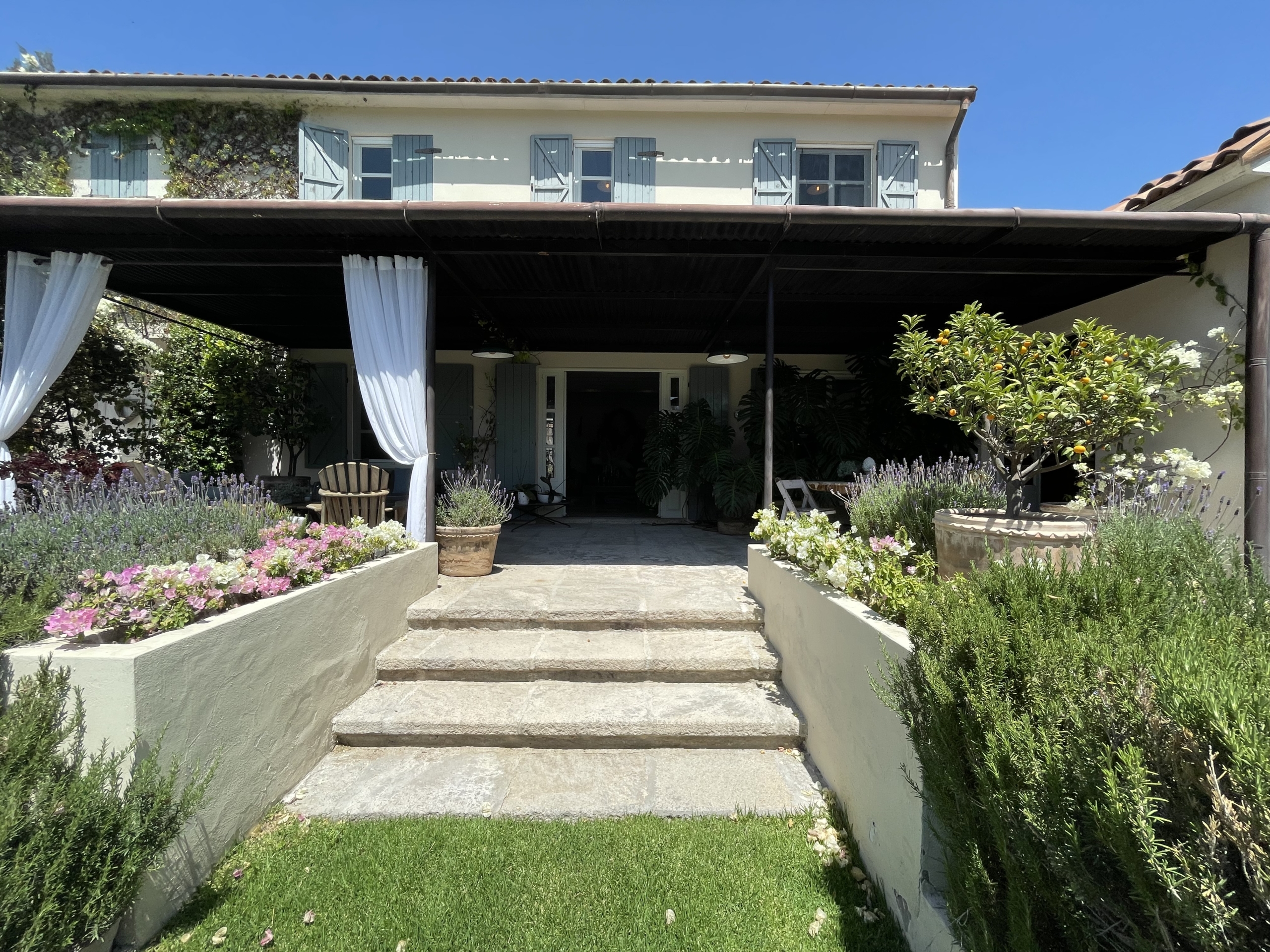 Modern garden entrance with steps and lush greenery.