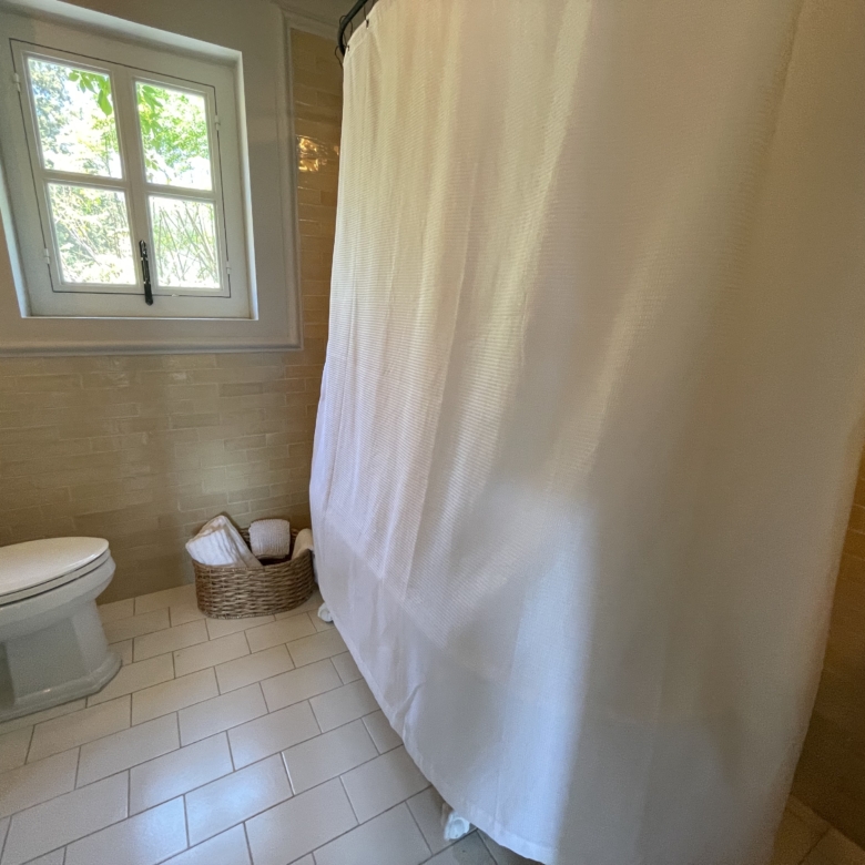 Bathroom with shower, toilet, and window for natural light.