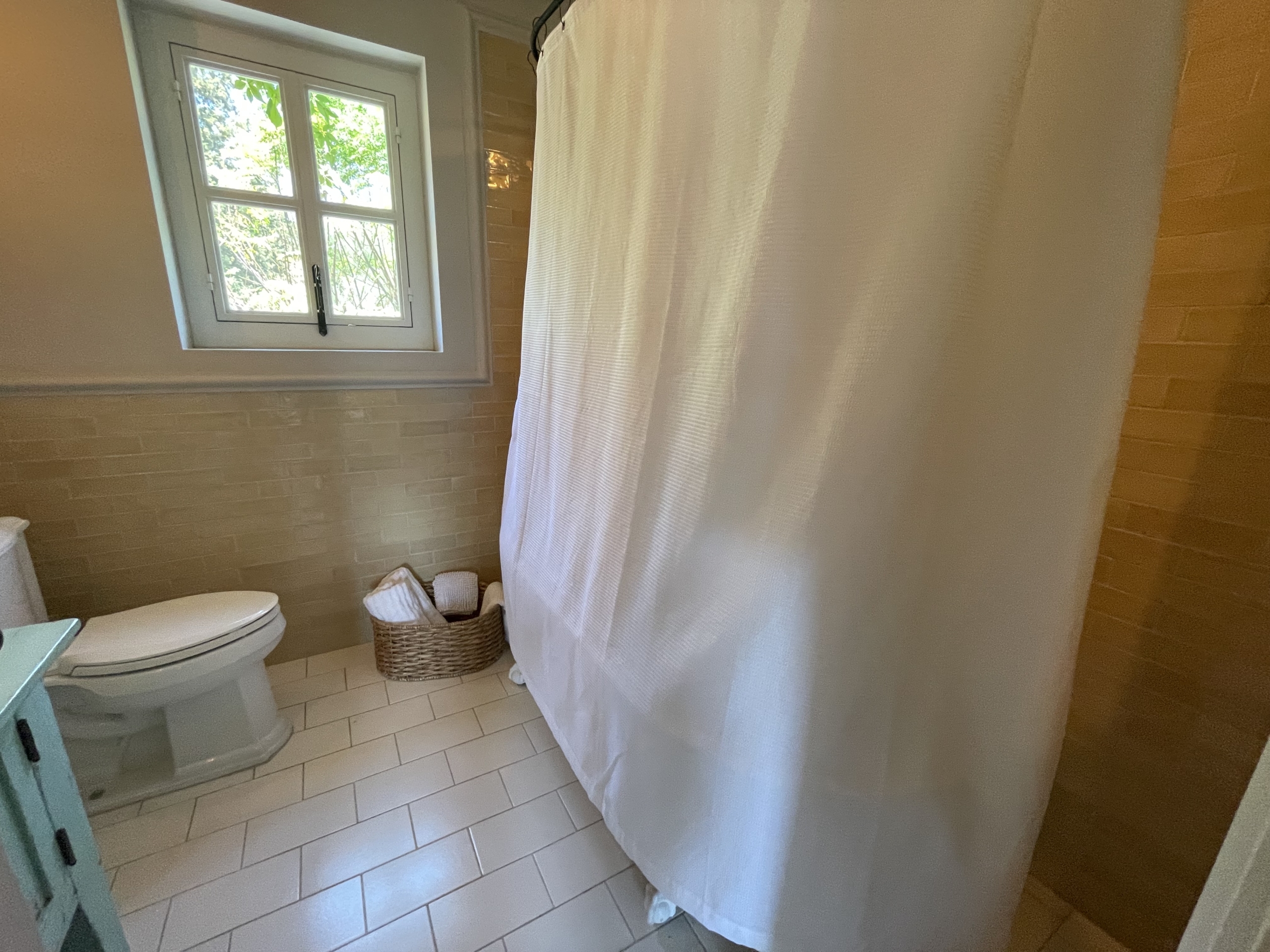 Bathroom with shower, toilet, and window for natural light.