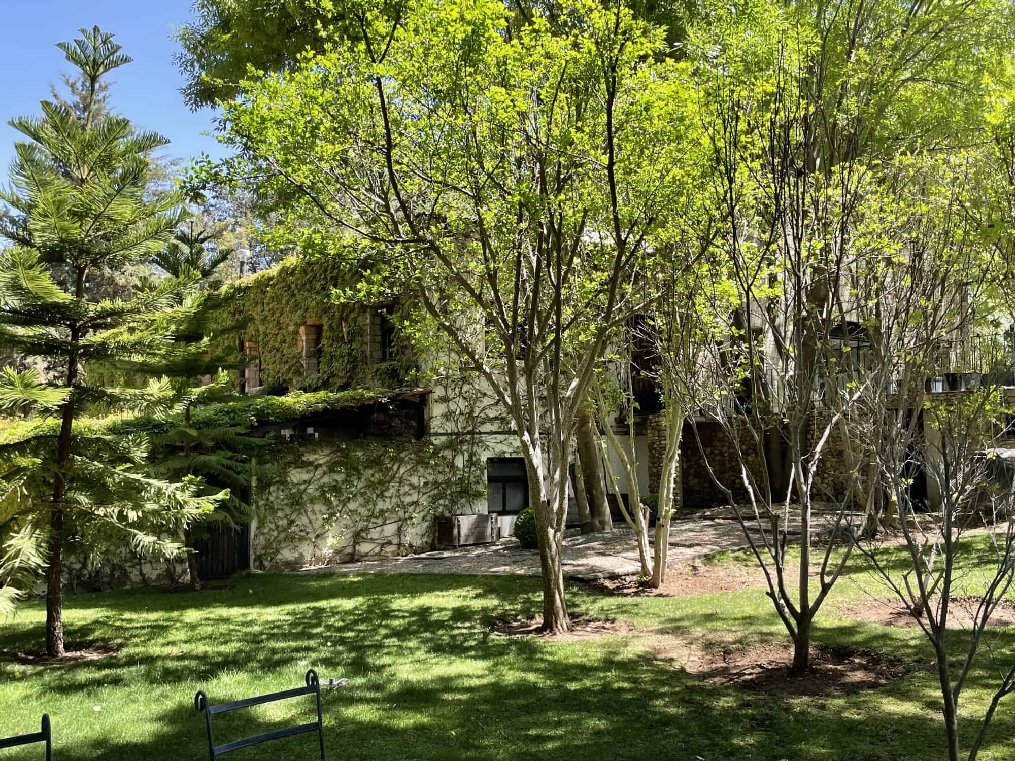 Beautiful garden scene with lush trees and a stone house in the background.