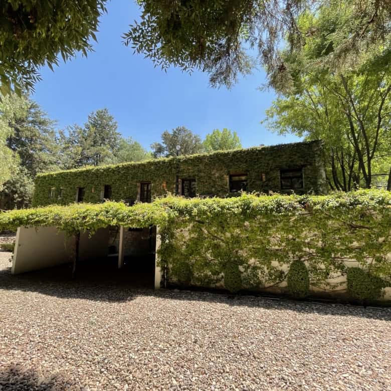 Contemporary building with lush green walls and surrounding trees in a sunny outdoor setting.