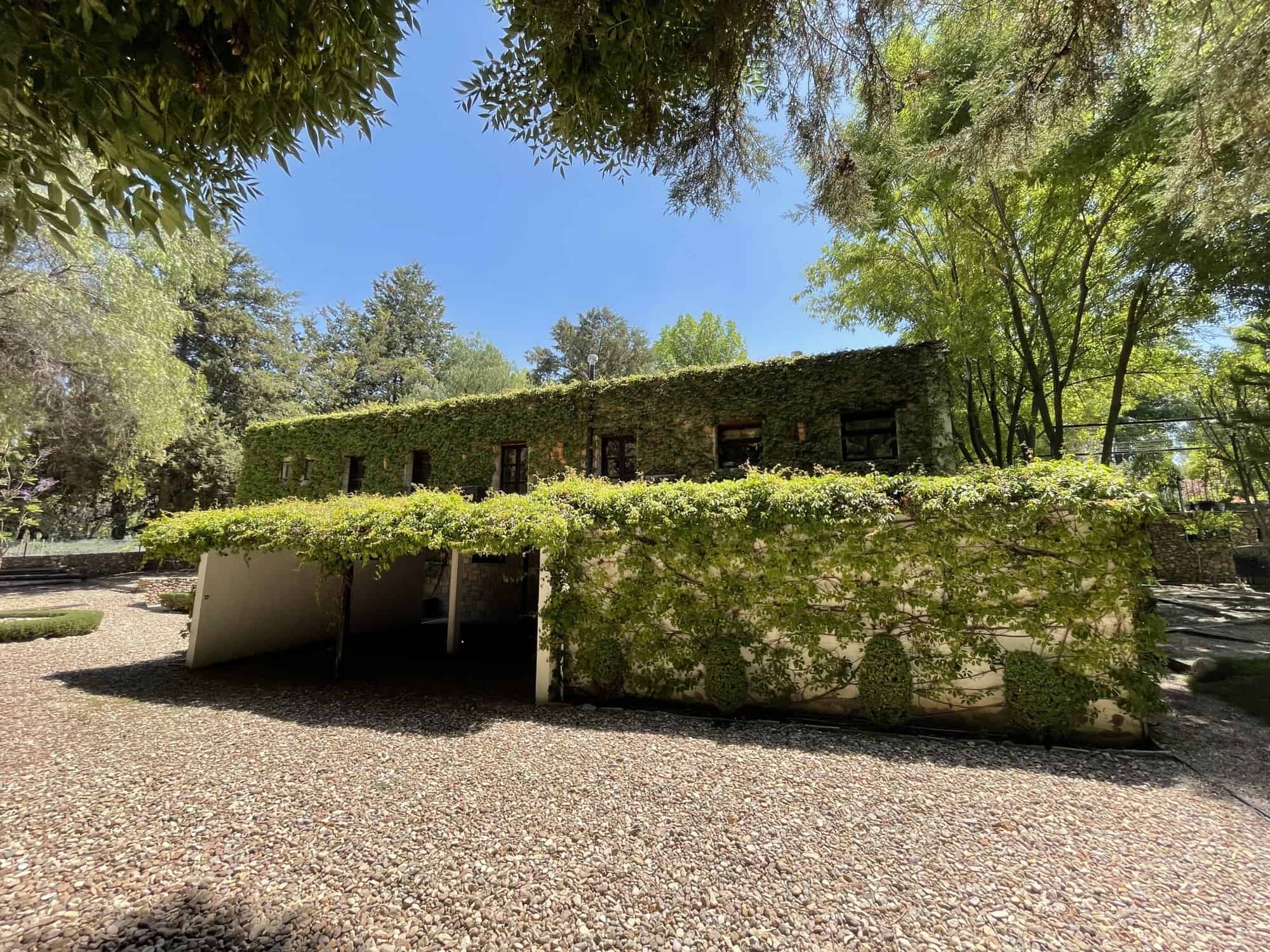 Contemporary building with lush green walls and surrounding trees in a sunny outdoor setting.