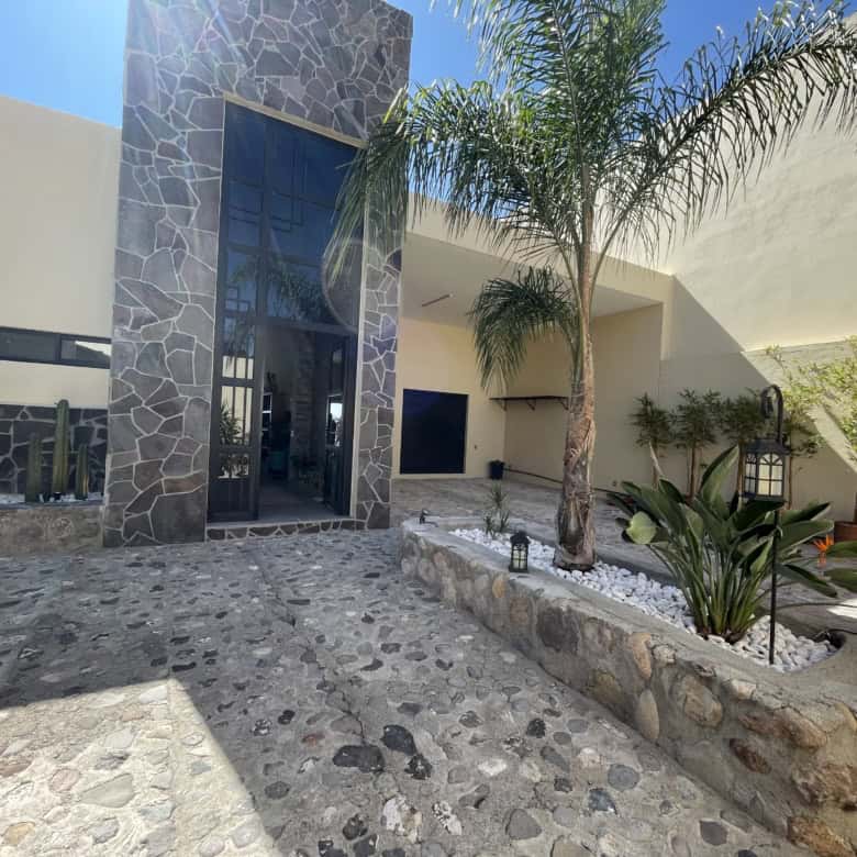 Modern villa with tropical garden, palm trees, and stylish exterior design.