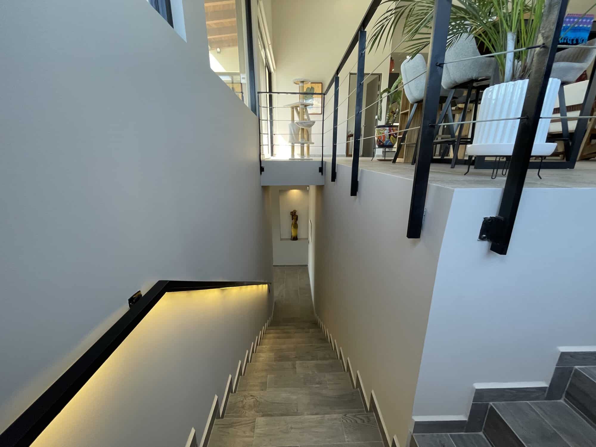 Stylish interior staircase leading to a modern home with contemporary decor and ambient lighting.