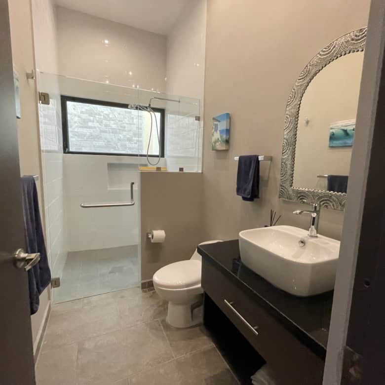 Modern bathroom with walk-in shower, sink, and mirror in a contemporary home.
