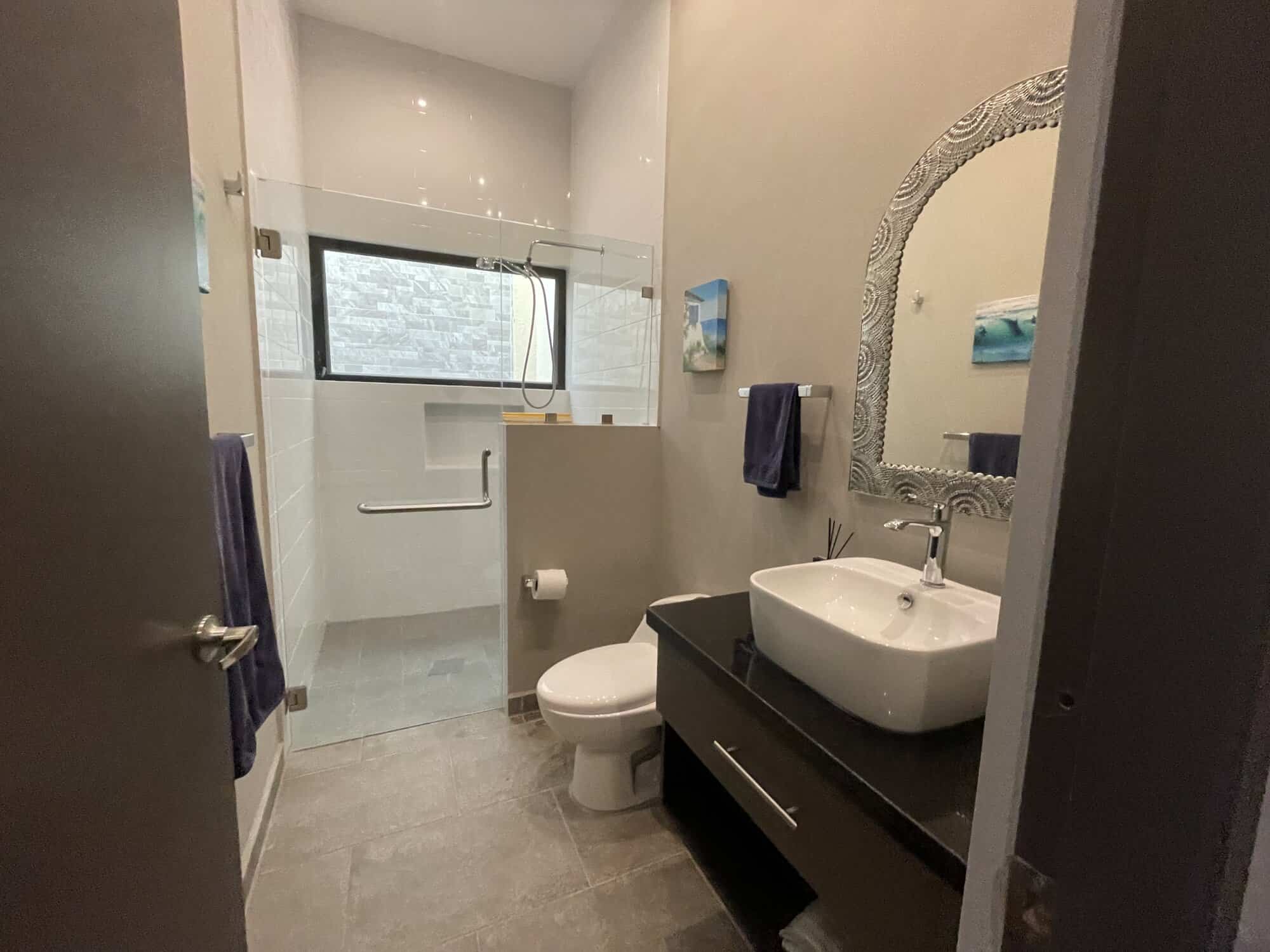 Modern bathroom with walk-in shower, sink, and mirror in a contemporary home.