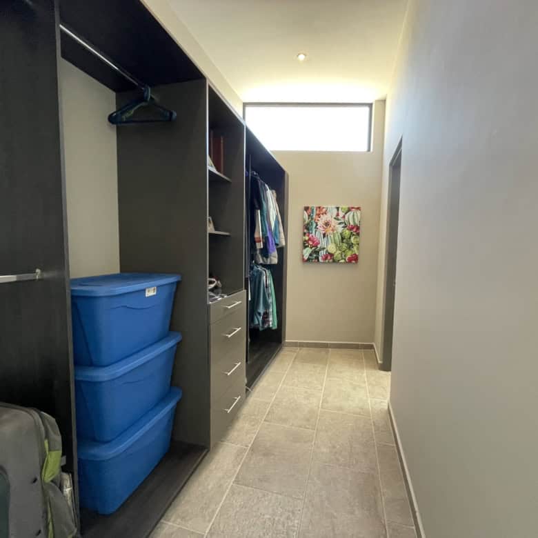 Storage closet with blue bins and hanging clothes in a modern home.