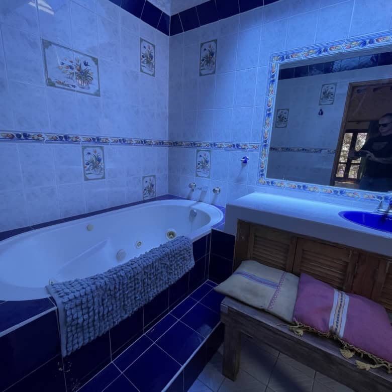 Luxury bathroom with bathtub and large mirror for relaxing and grooming.