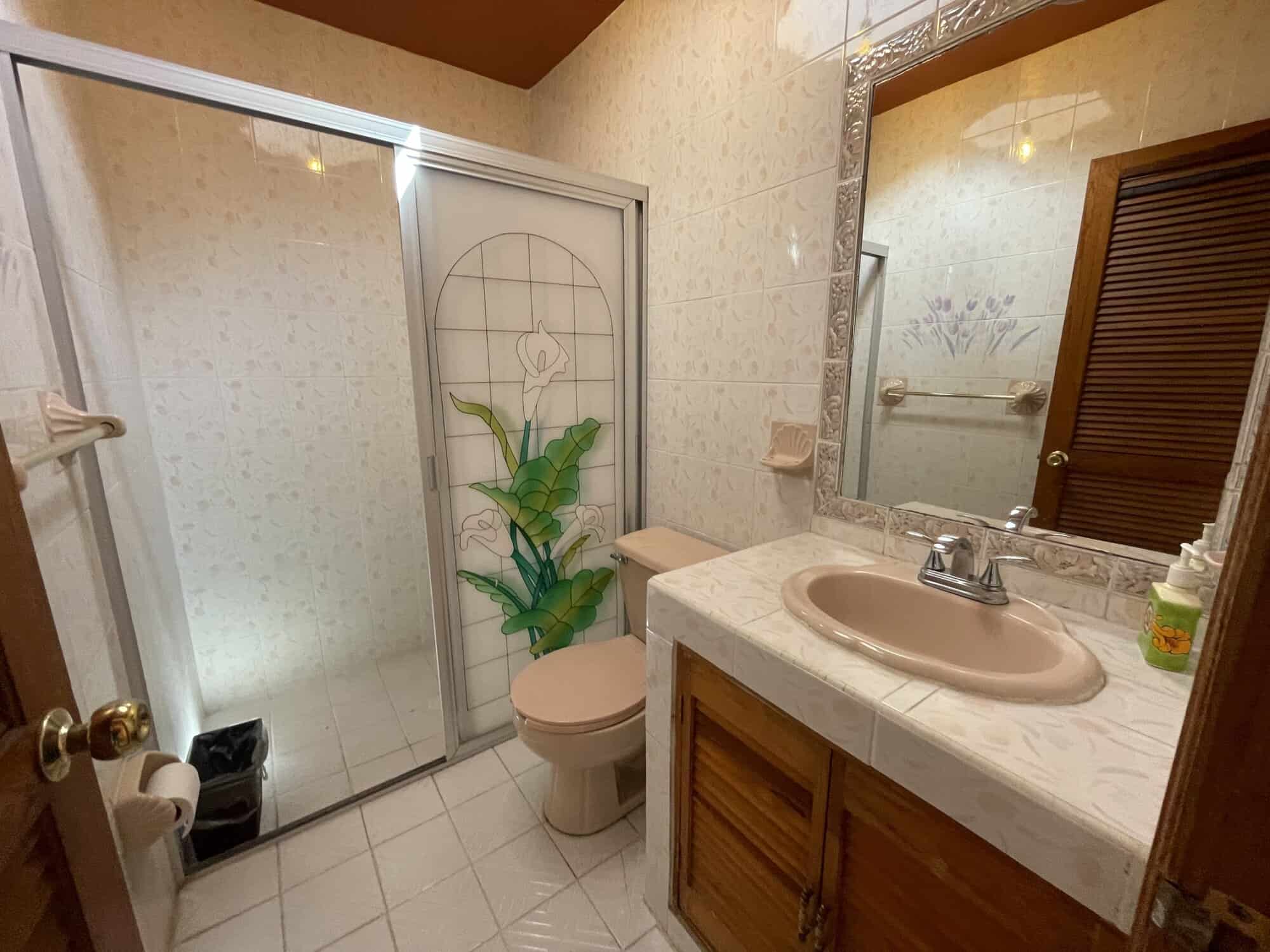 Bright bathroom featuring a shower enclosure and a wooden vanity with a sink.