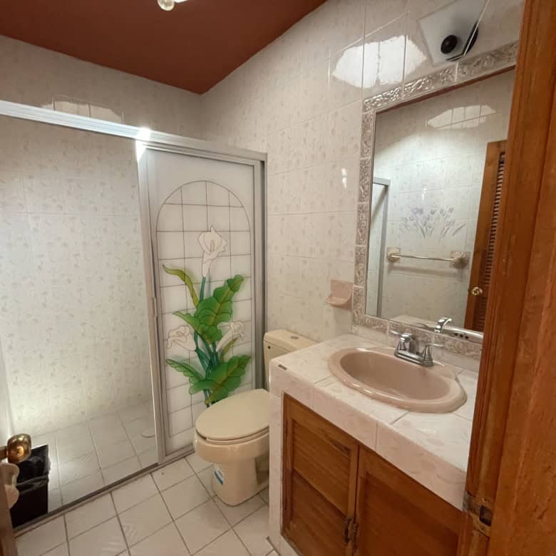 Small bathroom with shower, toilet, and mirror in a cozy home setting.