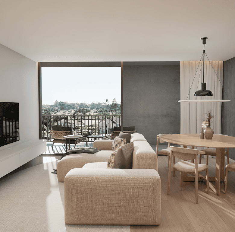 Bright living room with large window overlooking lush landscape in Viana do Castelo, Portugal.
