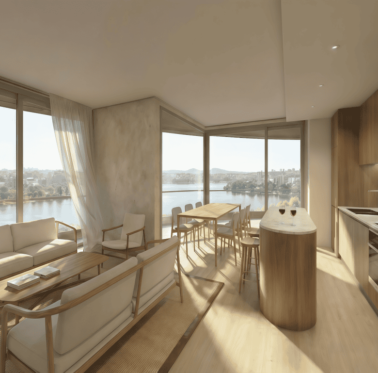 Spacious living room with large windows overlooking the river, bright and airy interior design.