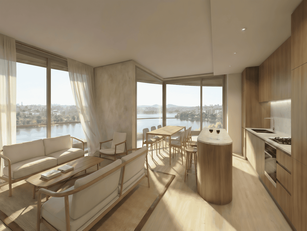 Spacious living room with large windows overlooking the river, bright and airy interior design.