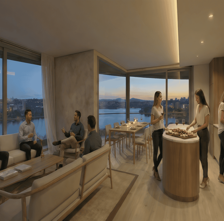 Elegant living room with large windows overlooking Ciudad del Este, Paraguay.