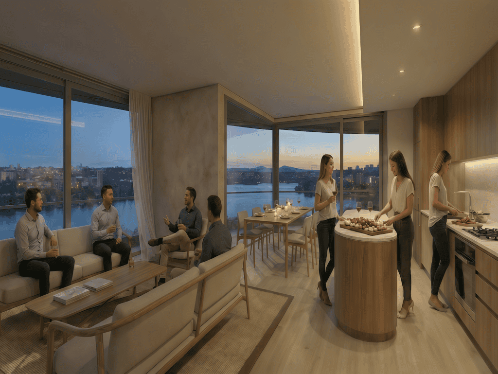 Elegant living room with large windows overlooking Ciudad del Este, Paraguay.