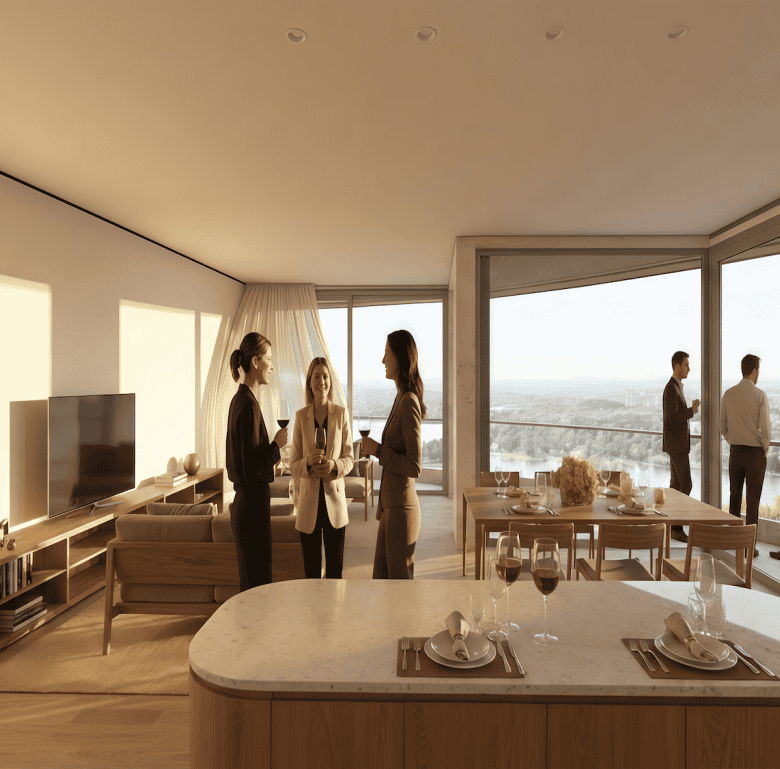 Luxurious living space with large windows and a scenic cityscape in the background.