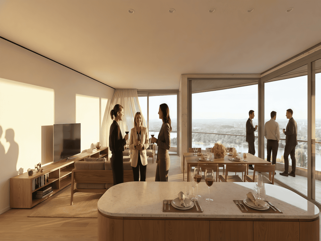 Luxurious living space with large windows and a scenic cityscape in the background.