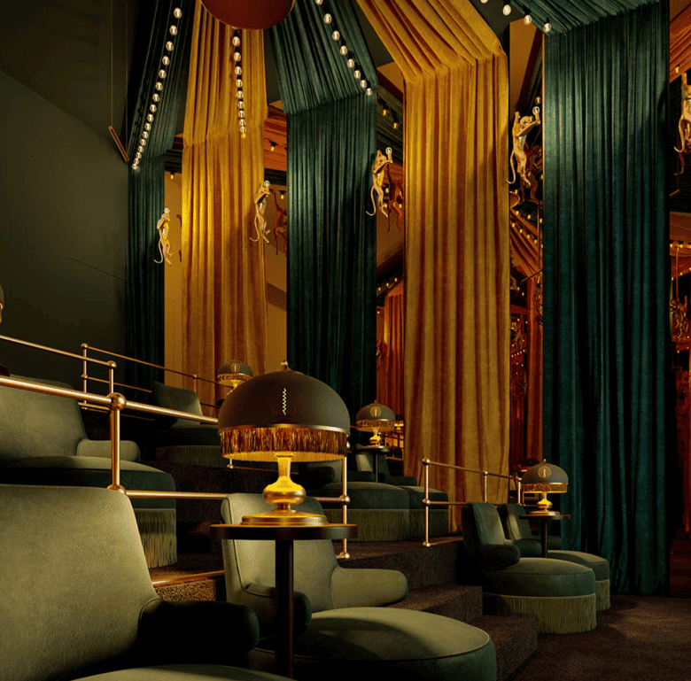 Luxurious theater seats with velvet curtains in Barrio Escalante, San Jose, Costa Rica.