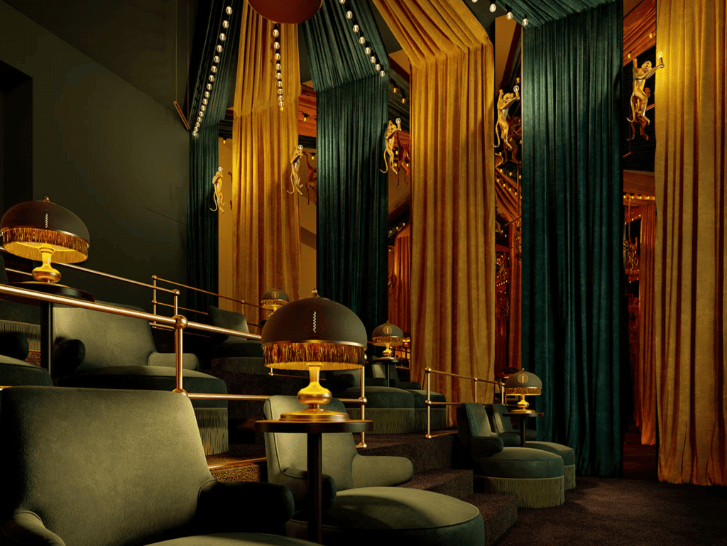Luxurious theater seats with velvet curtains in Barrio Escalante, San Jose, Costa Rica.