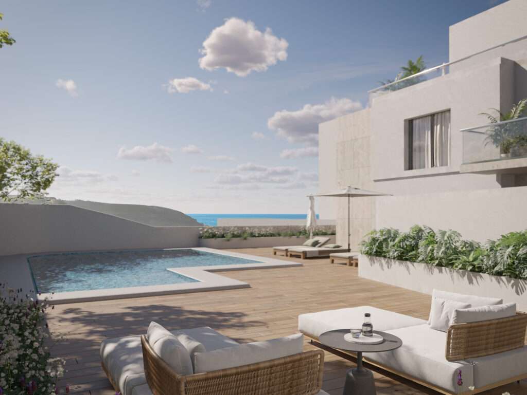 Sea view terrace with pool and outdoor seating in São Bernardino, Portugal.