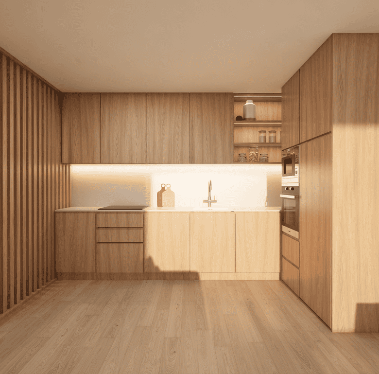 Modern wooden kitchen with minimalist design in Viana do Castelo, Portugal.