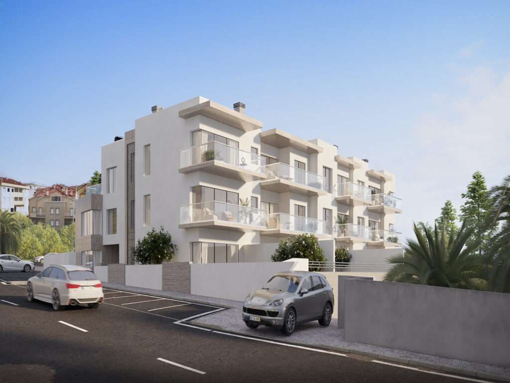 Modern apartment building in Sao Bernardino, Portugal with balconies and lush landscaping.