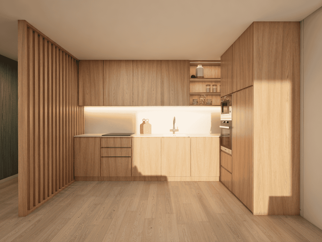 Modern wooden kitchen with minimalist design in Viana do Castelo, Portugal.