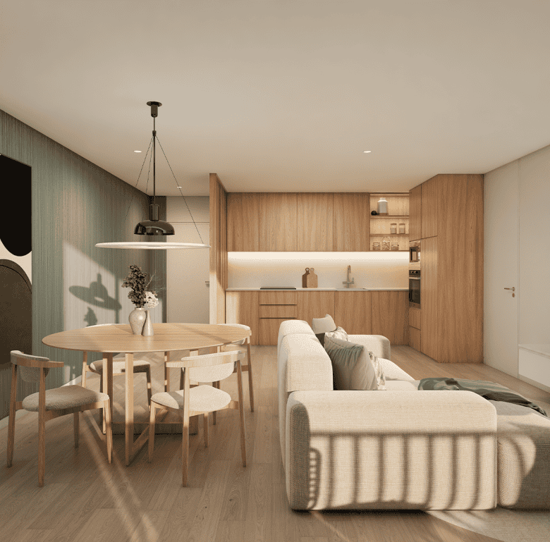 Stylish interior design featuring a cozy sofa, wooden accents, and contemporary decor.