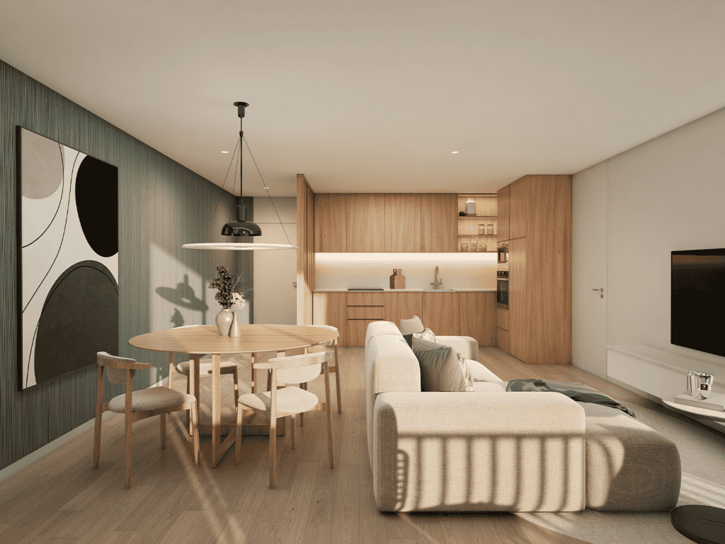 Stylish interior design featuring a cozy sofa, wooden accents, and contemporary decor.